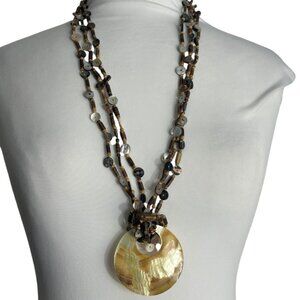 Wood Shell Beaded Multi Strand Necklace Large Mother of Pearl Donut Disc Pendant